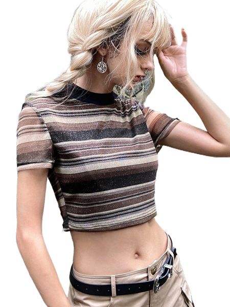 

mock neck striped print tee l4ri#, White