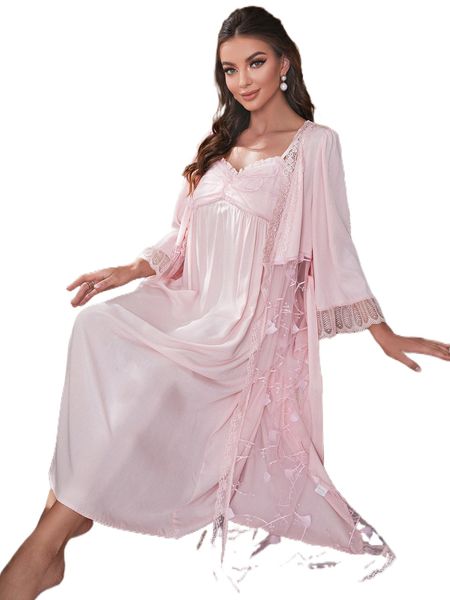 

contrast lace appliques belted robe & cami dress pj set w0ad#, Black;red