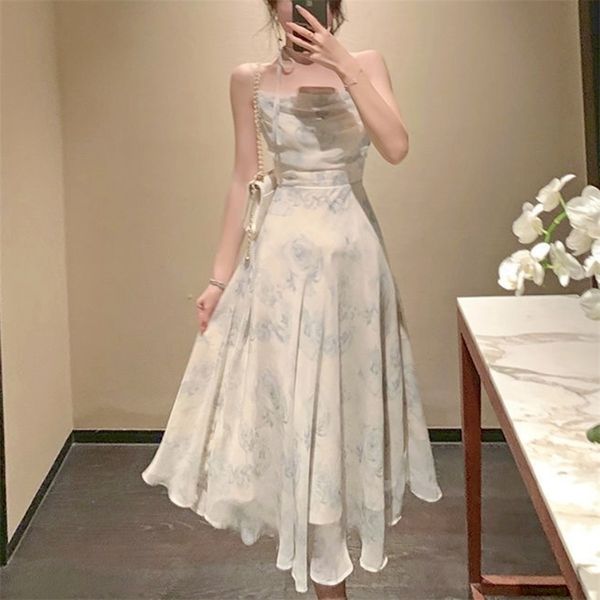 

summer party midi elegant dress women strap design high wasit vintage casual dress sleeveless chiffon sweet dress 220510, Black;gray