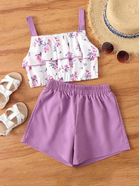 

girls floral pattern layered cami & shorts set she, White