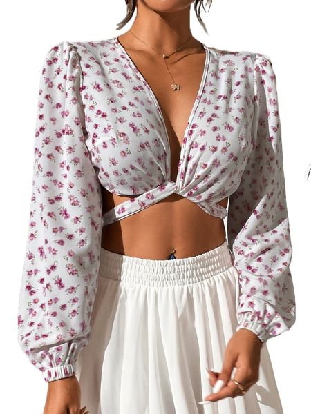 

ditsy floral print tie backless wrap blouse 212n#, White