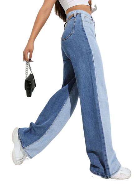

zipper fly two tone wide leg jeans q831#, Blue