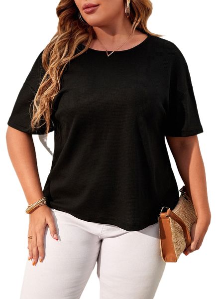 

plus v cut back rib-knit tee l2rq#, Black