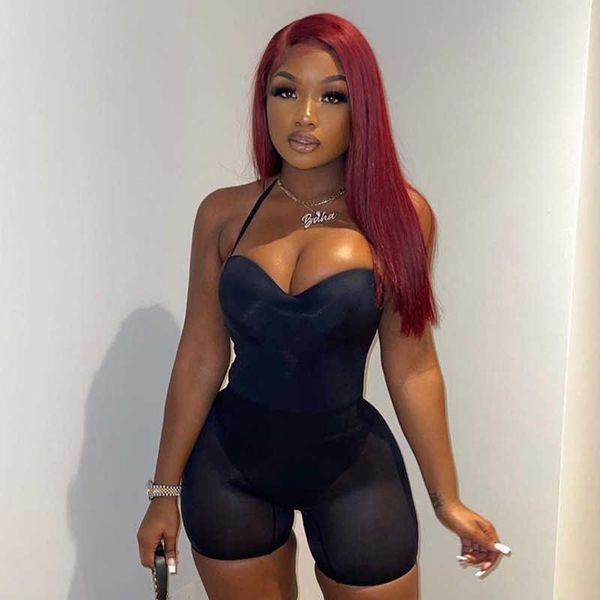

2022 women spaghetti strap jumpsuit sleeveless elegant mesh bodycon bodysuit short sets summer clothes lkm9j, Black;white