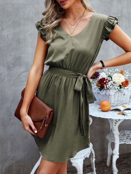 

layer ruffle sleeve belted dress 43me#, Black;gray