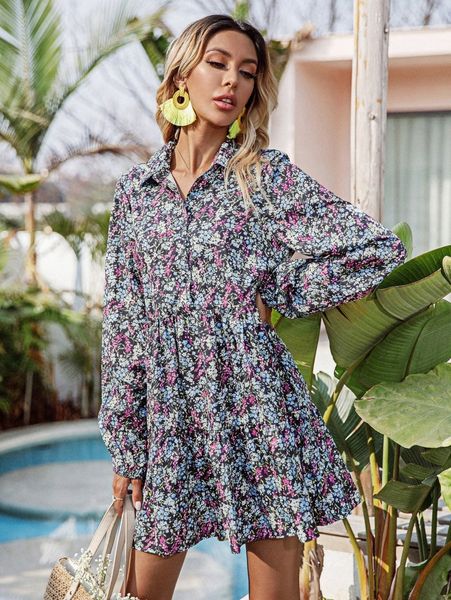 

ditsy floral half button ruffle hem dress v9p4#, Black;gray