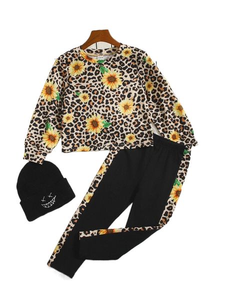 

toddler girls leopard and floral print pullover & pants t6nd#, Black;white