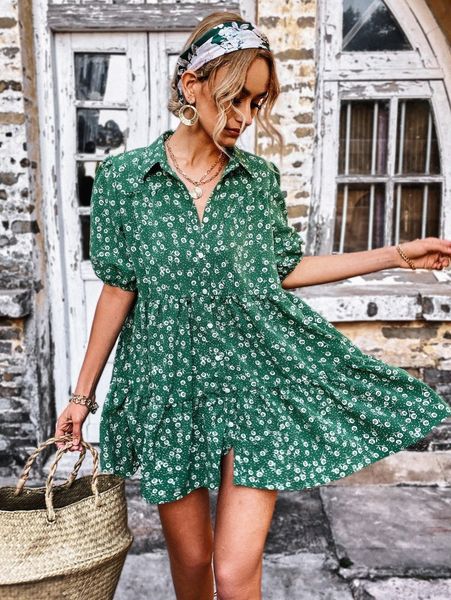 

ditsy floral puff sleeve ruffle hem smock dress e9r1#, Black;gray