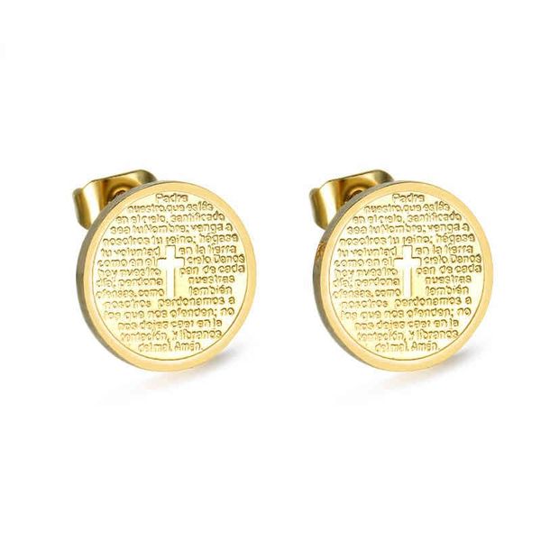 

stud stainless steel cross font earrings round for men women sacred prayers gold plating jewelry gift 220423, Golden;silver