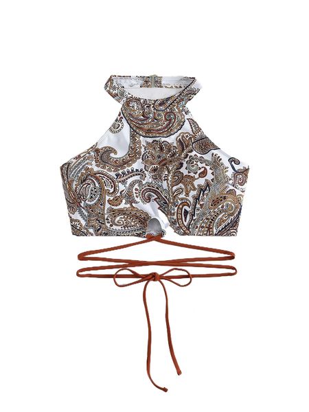 

allover print lace up bikini l0u0#, White;black