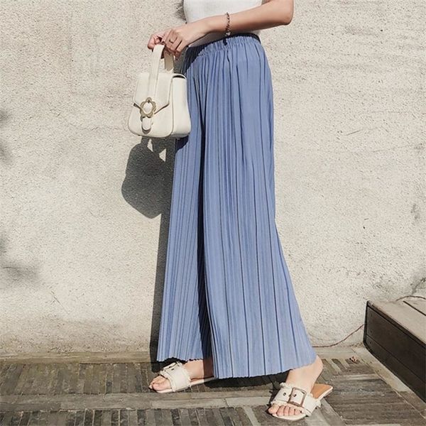 

high waist pleated chiffon wide-leg pants women elastic waist loose hong kong style student cropped pants solid female spring 201113, Black;white