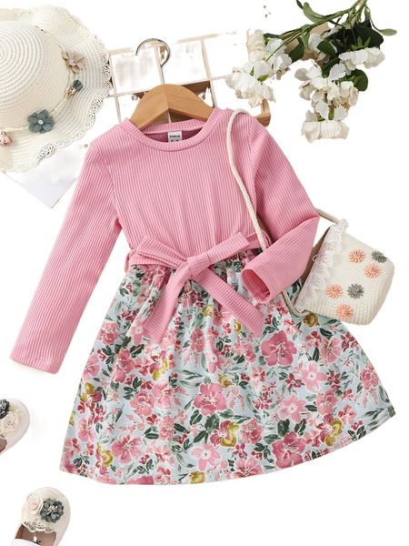 

toddler girls floral print belted dress 93ax#, Black;white
