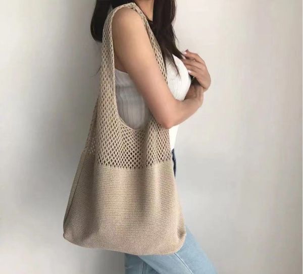 

casual hollow woven women shoulder bags designer knitting handbags large capacity tote summer beach bag big purses shopper sac