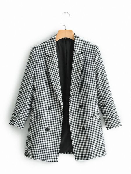 

lapel collar double breasted gingham blazer 98jw#, White