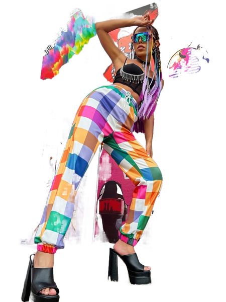 

plaid slant pocket drawstring waist pants 63qe#, Black;white