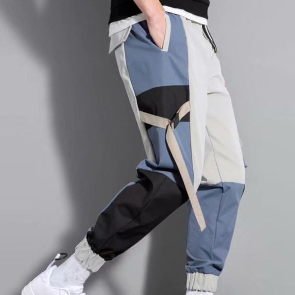 

men's pants men cargo color matching hip hop drawstring multi pockets elastic waist trousers male clothes streetwearmen's, Black