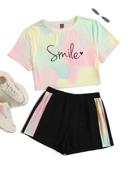 

letter graphic tie dye tee & track shorts t36n#, White
