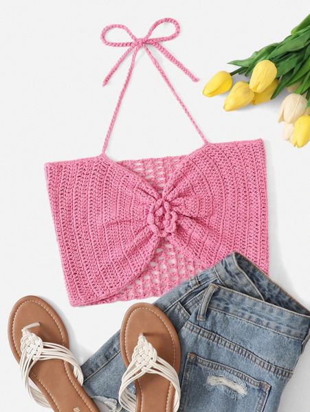 

tie backless pointelle knit y9a2#, White;black