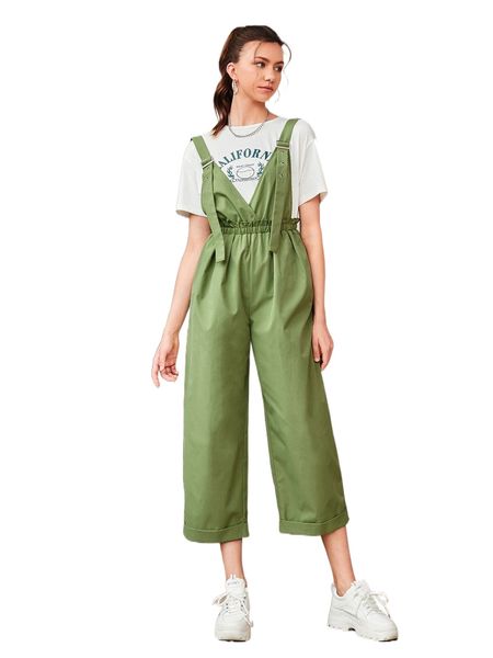 

buckle straps paper bag waist roll up hem jumpsuit f5ez#, Black;white