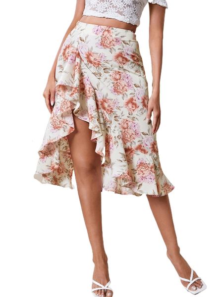 

floral print ruffle asymmetrical hem skirt t2tv#, Black