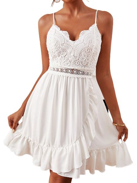 

contrast guipure lace ruffle hem cami dress s1bo#, Black;gray