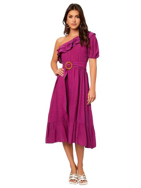 

one shoulder puff sleeve ruffle hem belted dress f3si#, Black;gray