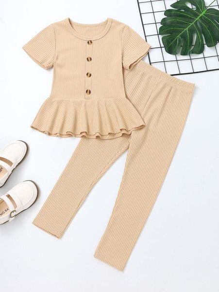 

toddler girls rib knit fake button peplum tee & pants she02, White