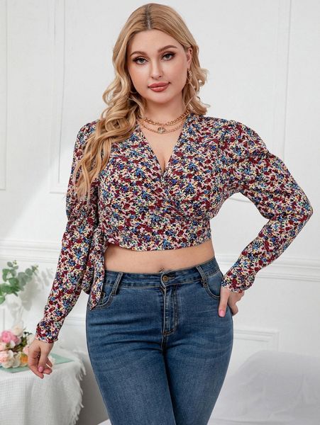 

plus floral print puff sleeve knot side crop blouse e5uh#, Black
