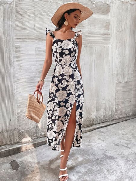 

floral print ruffle trim split thigh dress h5nl#, Black;gray