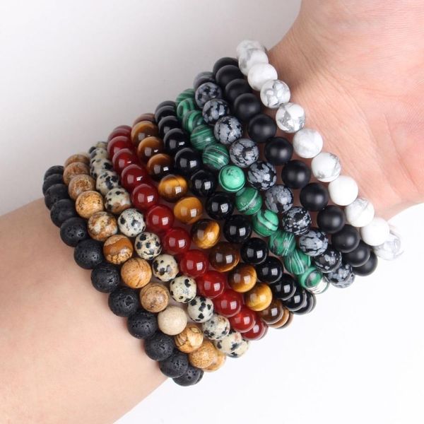 Pulseira de mixagem por atacado Homens de bracelete de 8 mm de pedra natural lava rock tigre olho preto oilx miçangas de cura fosca de jóias femininas de yoga