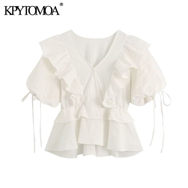 

kpytomoa women sweet fashion ruffled cropped blouses vintage v neck tied short sleeve female shirts blusas chic 210308, White