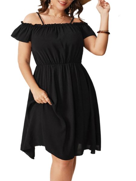

plus cold shoulder frill trim a-line dress r9ct#, Black