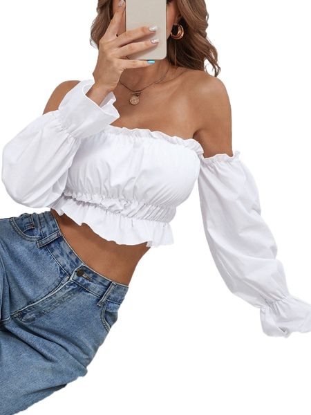 

off shoulder flounce sleeve ruffle hem crop z71r#, White