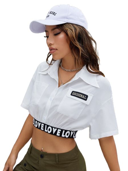 

contrast letter tape drop shoulder crop blouse v22l#, White