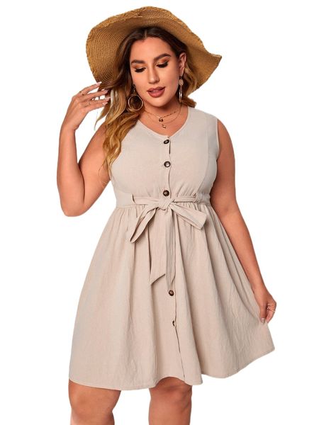 

plus button front belted dress b8pa#, Black