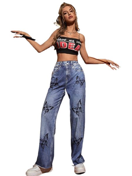 

butterfly print straight leg chambray pants s5uk#, Black;white