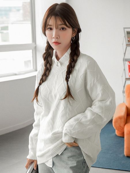 

dazy drop shoulder cable knit sweater s7m1#, White;black