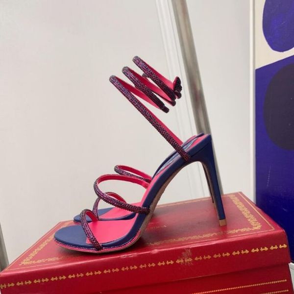 

rene caovilla cleo open toe sandals crystal embellished spiral snake tail sandals twining rhinestone sandal women rainbow blue stiletto heel, Black