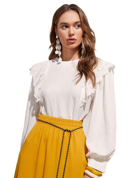 

lantern sleeve schiffy ruffle detail c2bg#, White