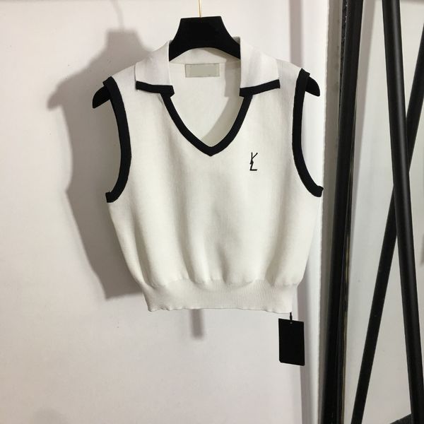 

trendy sleeveless knits vest embroidered letter lapel vests women summer knitted tanks top, White