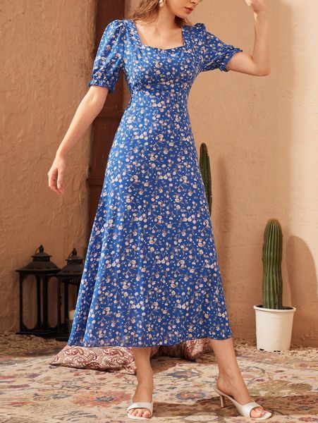 

ditsy floral square neck puff sleeve a-line dress r45b#, Black;gray