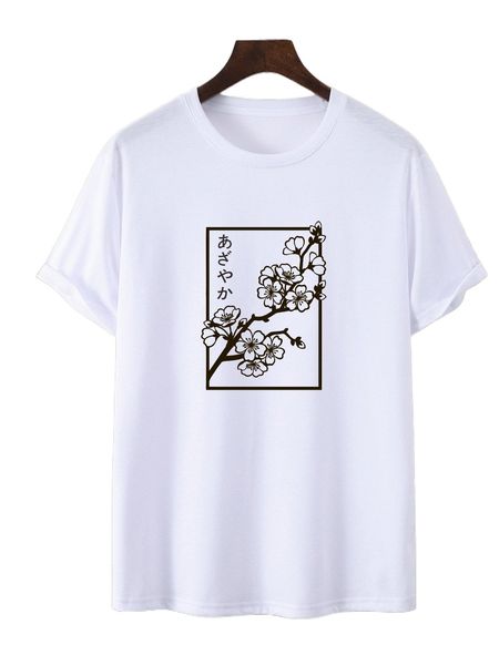 

men japanese letter & floral print tee 204j#, White;black