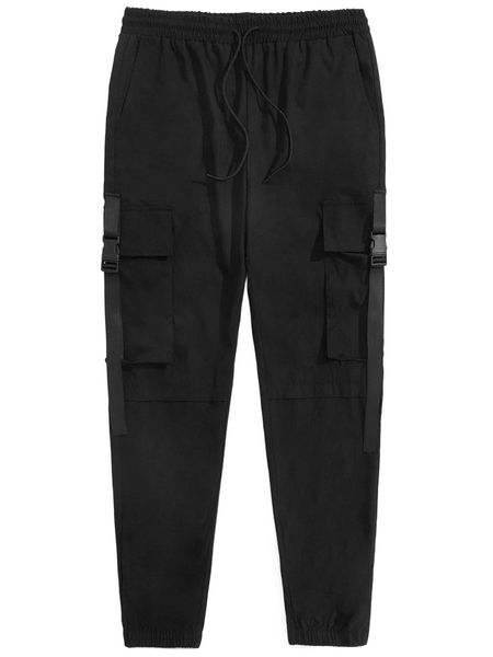 

men drawstring waist push buckle detail cargo pants t8kl#, Black