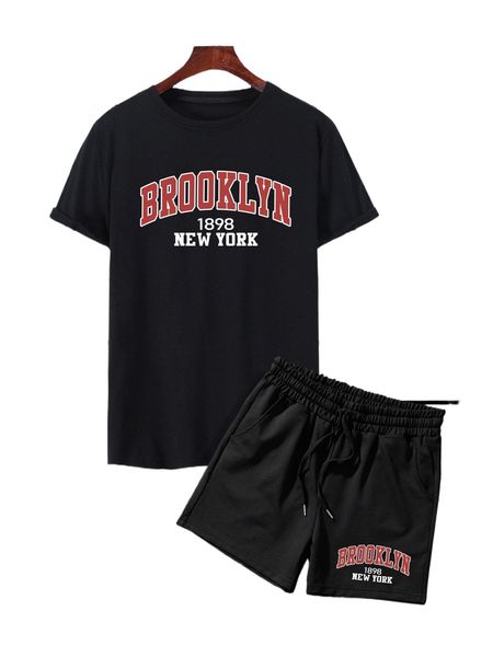 

men letter graphic tee & drawstring waist shorts n9cm#, Gray