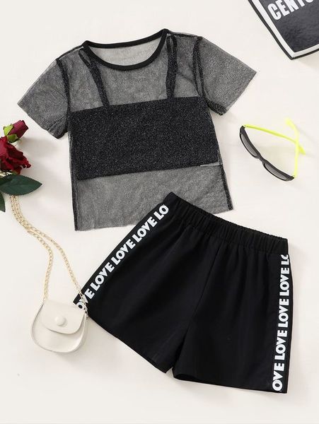 

girls crop cami & mesh & letter graphic shorts she, White