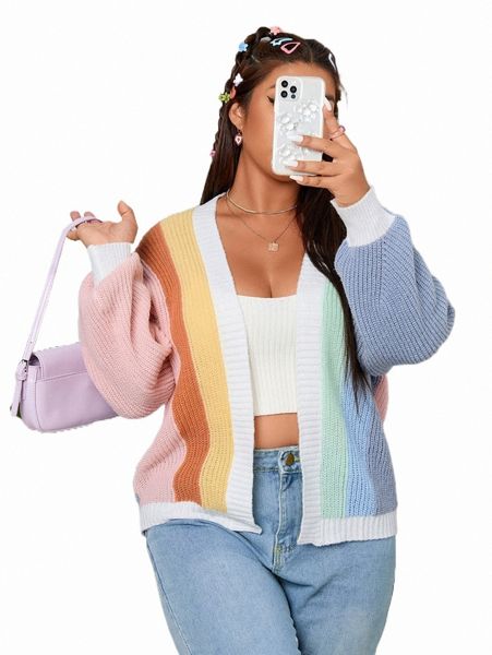 

plus colorblock drop shoulder duster cardigan c7qa#, Black