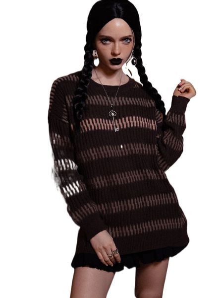 

romwe dark academia striped pattern drop shoulder sweater a7o9#, White;black