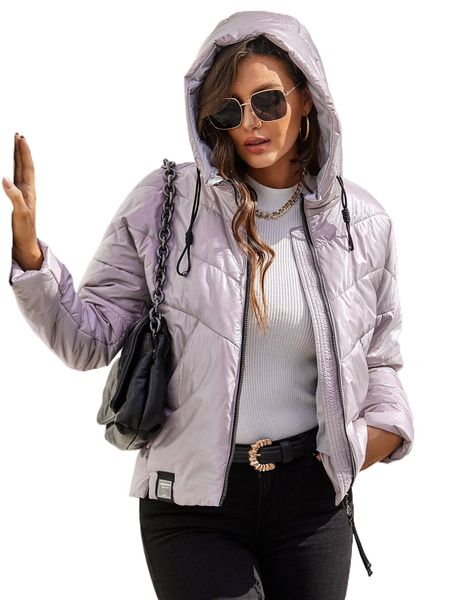 

hailuozi drop shoulder zipper up hooded puffer coat l6n8#, Black