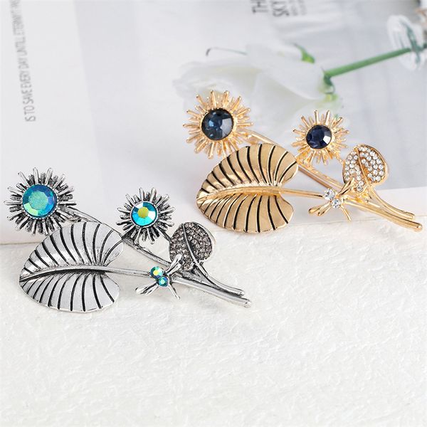 

women alloy crystal sunflower brooch pin plant leaves dragonfly clothes lapel corsage badge for lady business style suit clothing accessorie, Gray