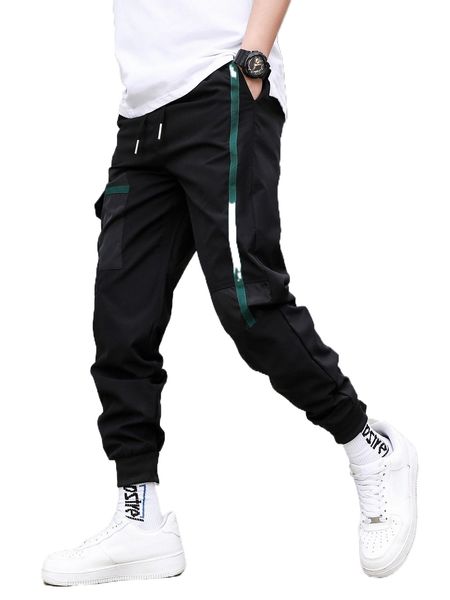 

men contrast seam detail slant pockets cargo pants o3hn#, Black